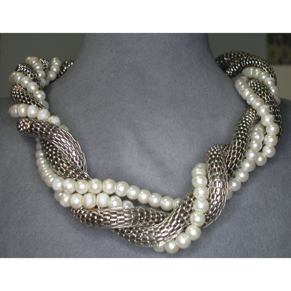 Silver-Tone & Faux Pearl Braided Statement Necklace 16" With 2.5" Extension